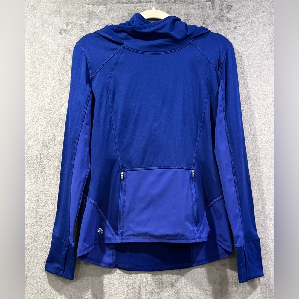Athleta Hoodie Womens M Plush Tech Cowl Neck Blue Pullover Zip Pockets Athletic